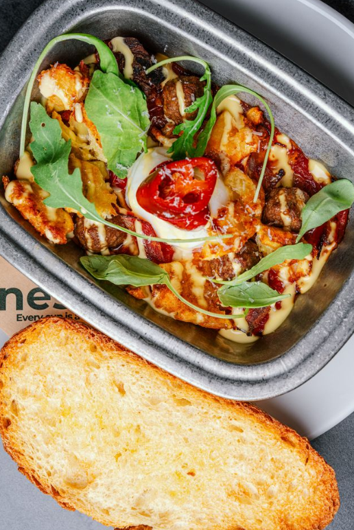 Nesso Coffee Leeds breakfast hash with meatballs, bacon and poached egg